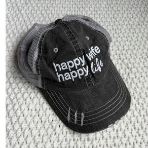 Happy Wife Happy Life Trucker Hat Distressed Black Denim Grey Mesh Baseball Cap